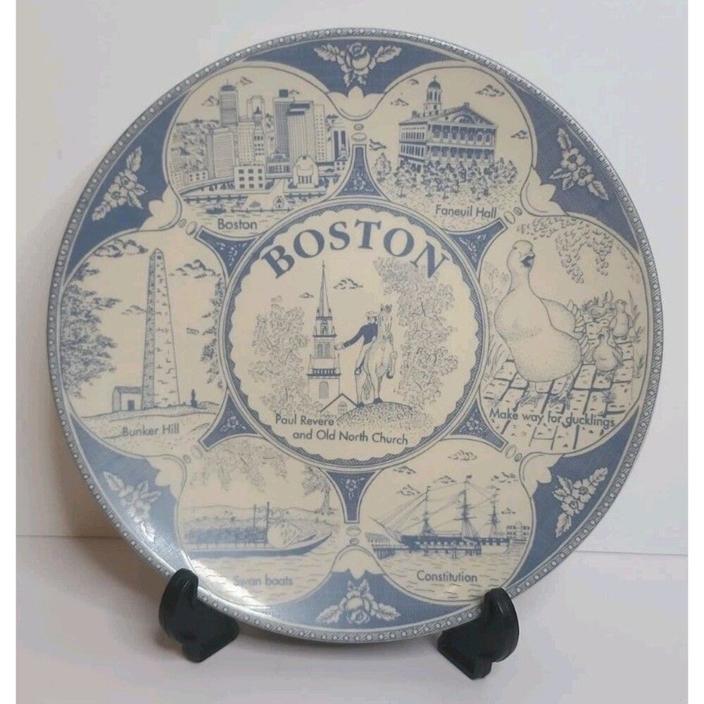 Vintage Boston Historical Decorative Plate Blue & Cream Bunker Hill Faneuil Hall